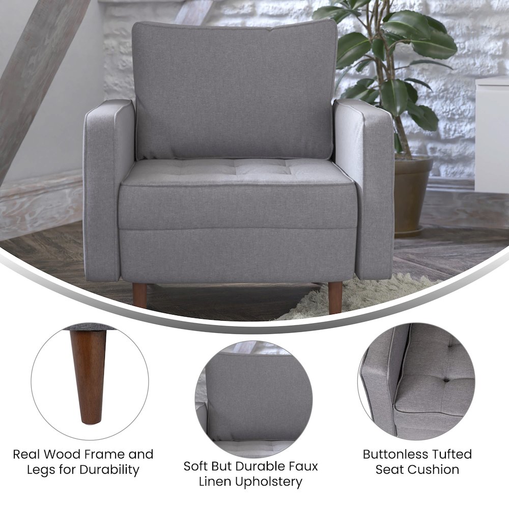 Armchair with Tufted Faux Linen Upholstery, Solid Wood Legs in Slate Gray. Picture 4