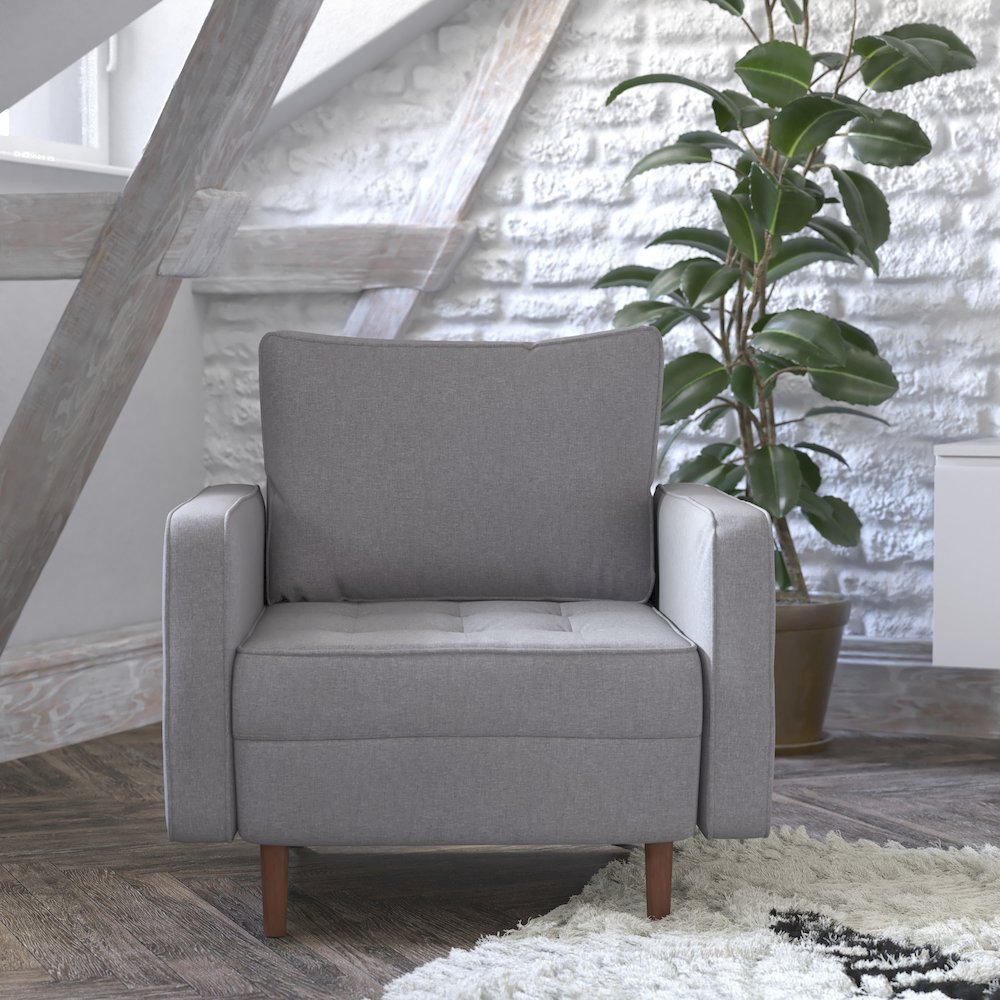 Armchair with Tufted Faux Linen Upholstery, Solid Wood Legs in Slate Gray. Picture 2