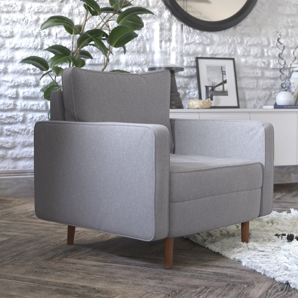 Armchair with Tufted Faux Linen Upholstery, Solid Wood Legs in Slate Gray. Picture 6
