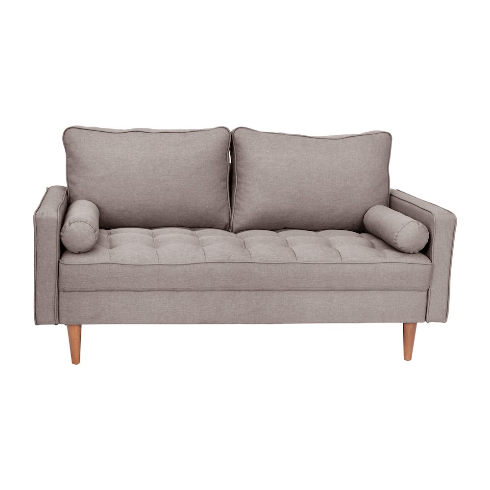 Loveseat Sofa with Tufted Faux Linen Upholstery, Solid Wood Legs in Slate Gray. Picture 1