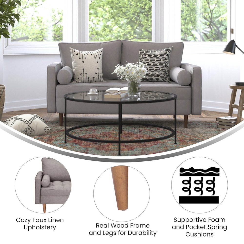 Loveseat Sofa with Tufted Faux Linen Upholstery, Solid Wood Legs in Slate Gray. Picture 4