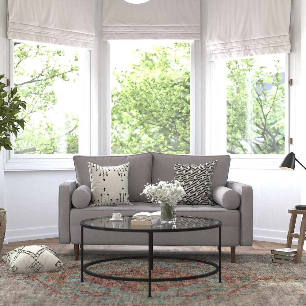 Loveseat Sofa with Tufted Faux Linen Upholstery, Solid Wood Legs in Slate Gray. Picture 2