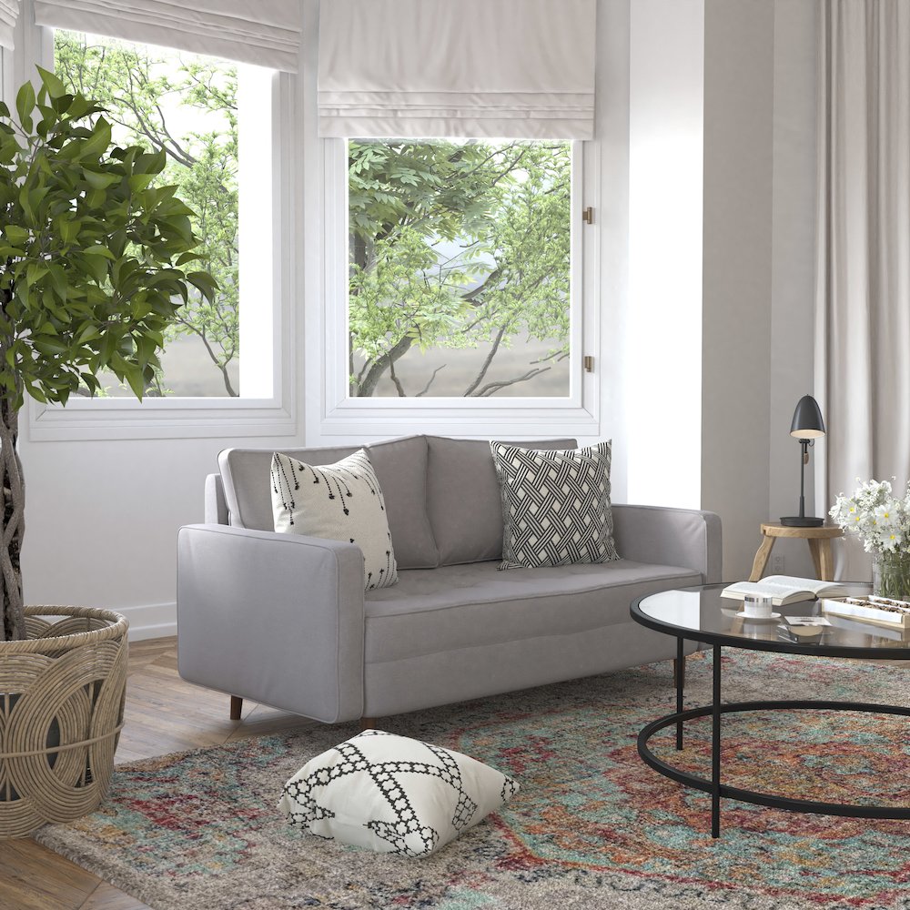 Loveseat Sofa with Tufted Faux Linen Upholstery, Solid Wood Legs in Slate Gray. Picture 6