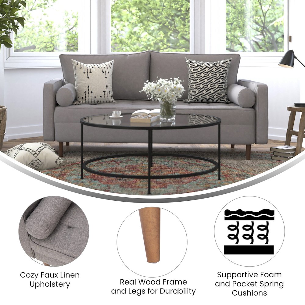 Sofa with Tufted Faux Linen Upholstery, Solid Wood Legs in Slate Gray. Picture 4