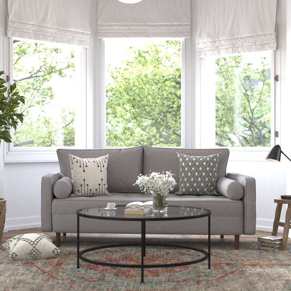 Sofa with Tufted Faux Linen Upholstery, Solid Wood Legs in Slate Gray. Picture 2