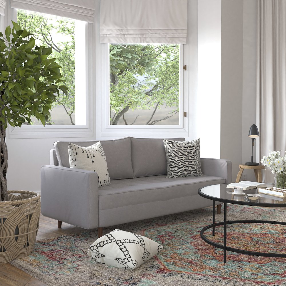 Sofa with Tufted Faux Linen Upholstery, Solid Wood Legs in Slate Gray. Picture 6