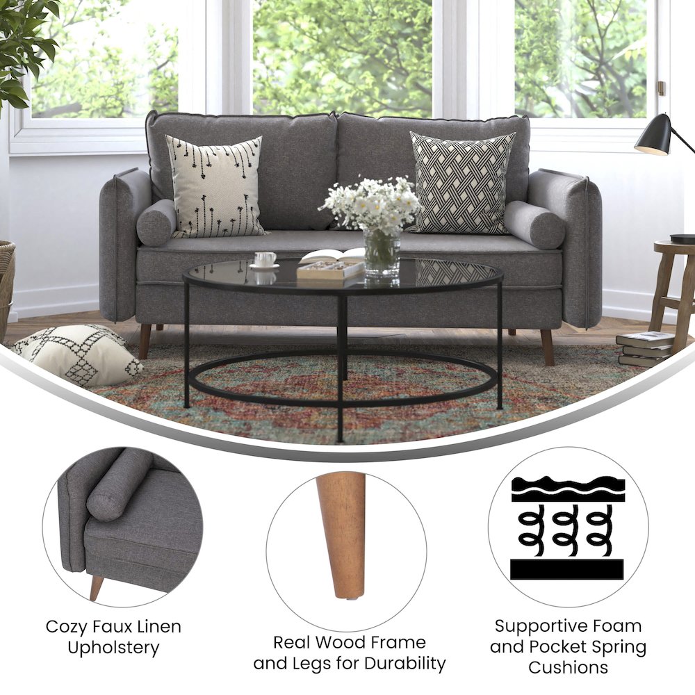 Sofa with Faux Linen Fabric Upholstery, Solid Wood Legs in Stone Gray. Picture 4