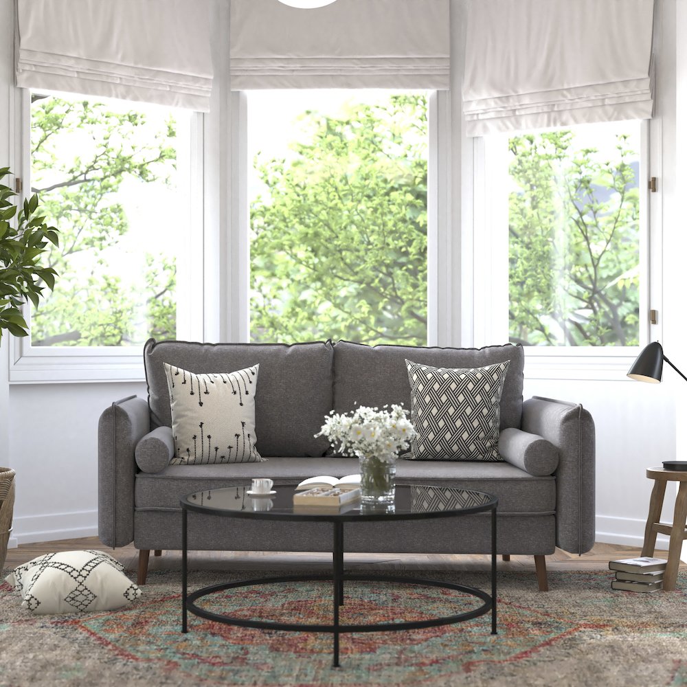 Sofa with Faux Linen Fabric Upholstery, Solid Wood Legs in Stone Gray. Picture 2