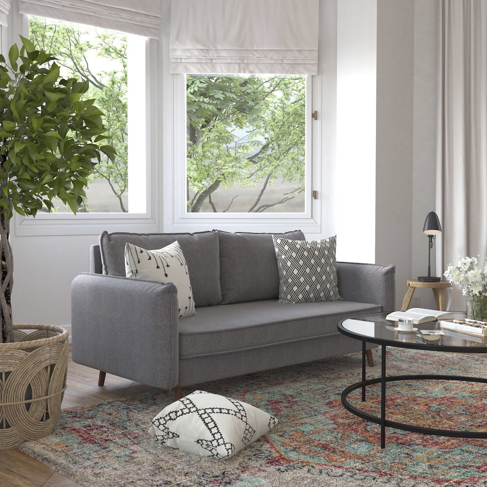 Sofa with Faux Linen Fabric Upholstery, Solid Wood Legs in Stone Gray. Picture 6