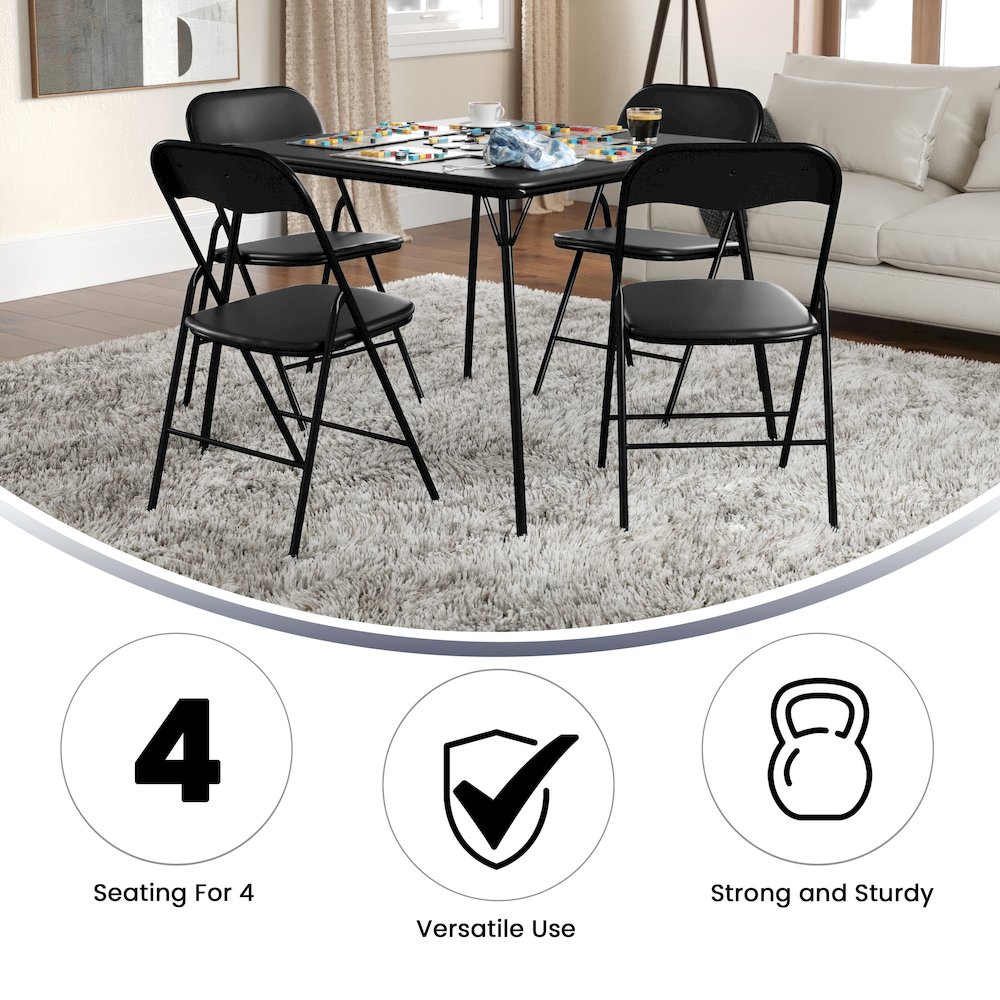 5 Piece Black Folding Card Table and Chair Set with 4 Folding Chairs and Table. Picture 8