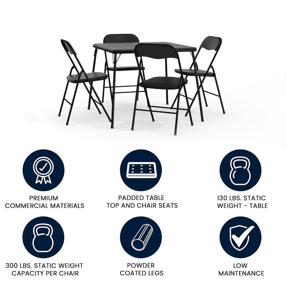 5 Piece Black Folding Card Table and Chair Set with 4 Folding Chairs and Table. Picture 7