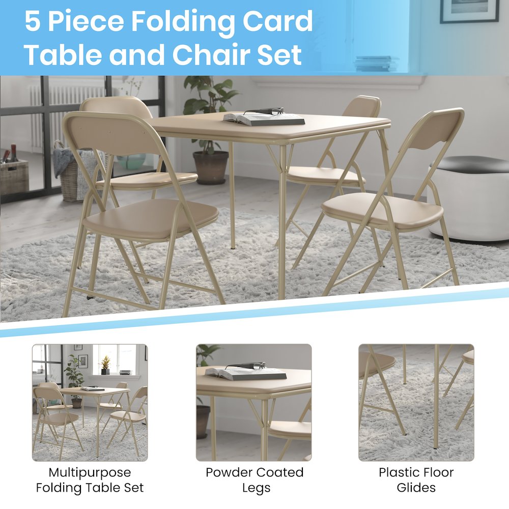 5 Piece Tan Folding Card Table and Chair Set. Picture 5