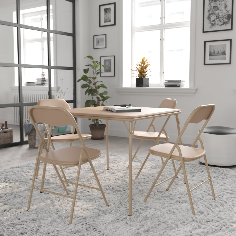 5 Piece Tan Folding Card Table and Chair Set. Picture 2