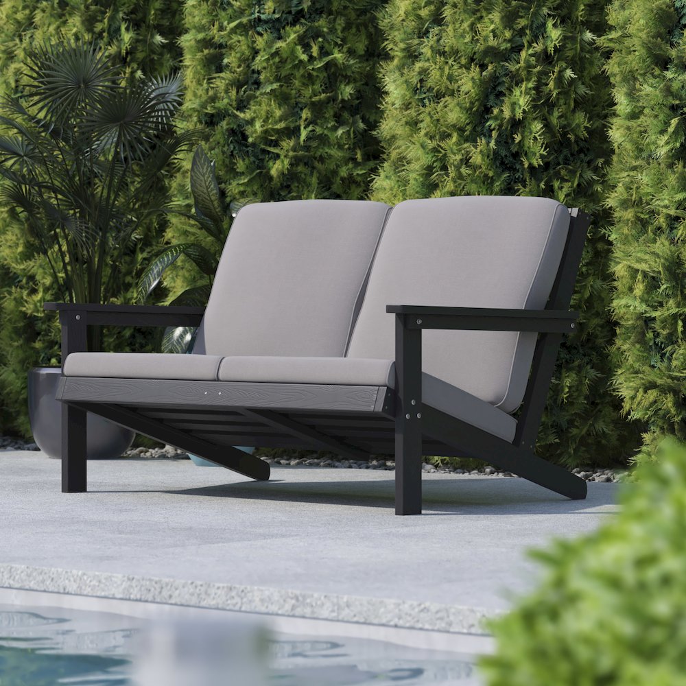 Adirondack Style Deep Seat Patio Loveseat with Cushions, Black/Charcoal. Picture 2