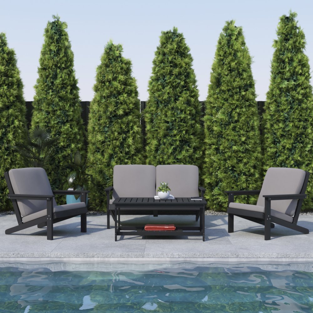 Adirondack Style Deep Seat Patio Loveseat with Cushions, Black/Charcoal. Picture 7
