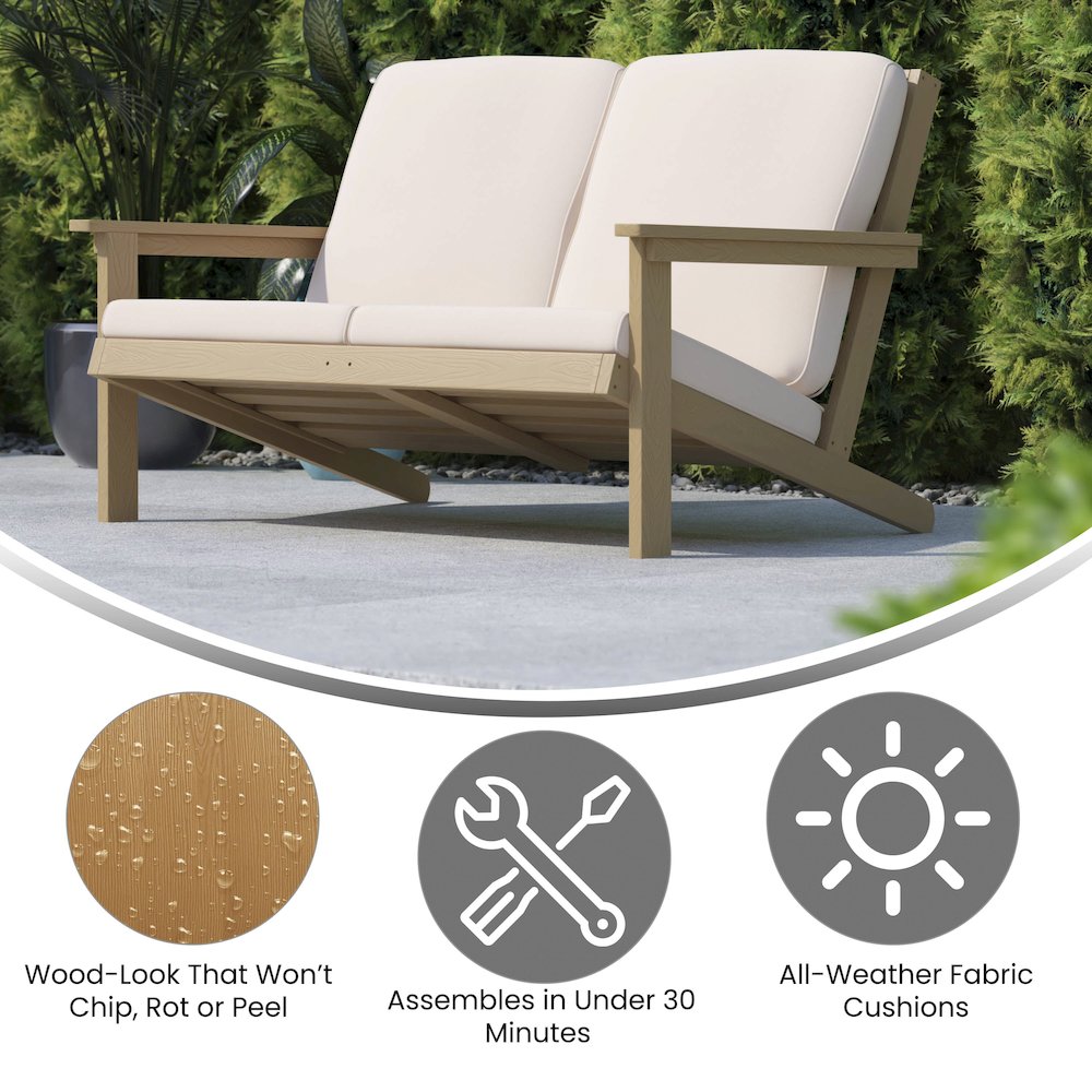 Adirondack Style Deep Seat Patio Loveseat with Cushions, Natural Cedar/Cream. Picture 4