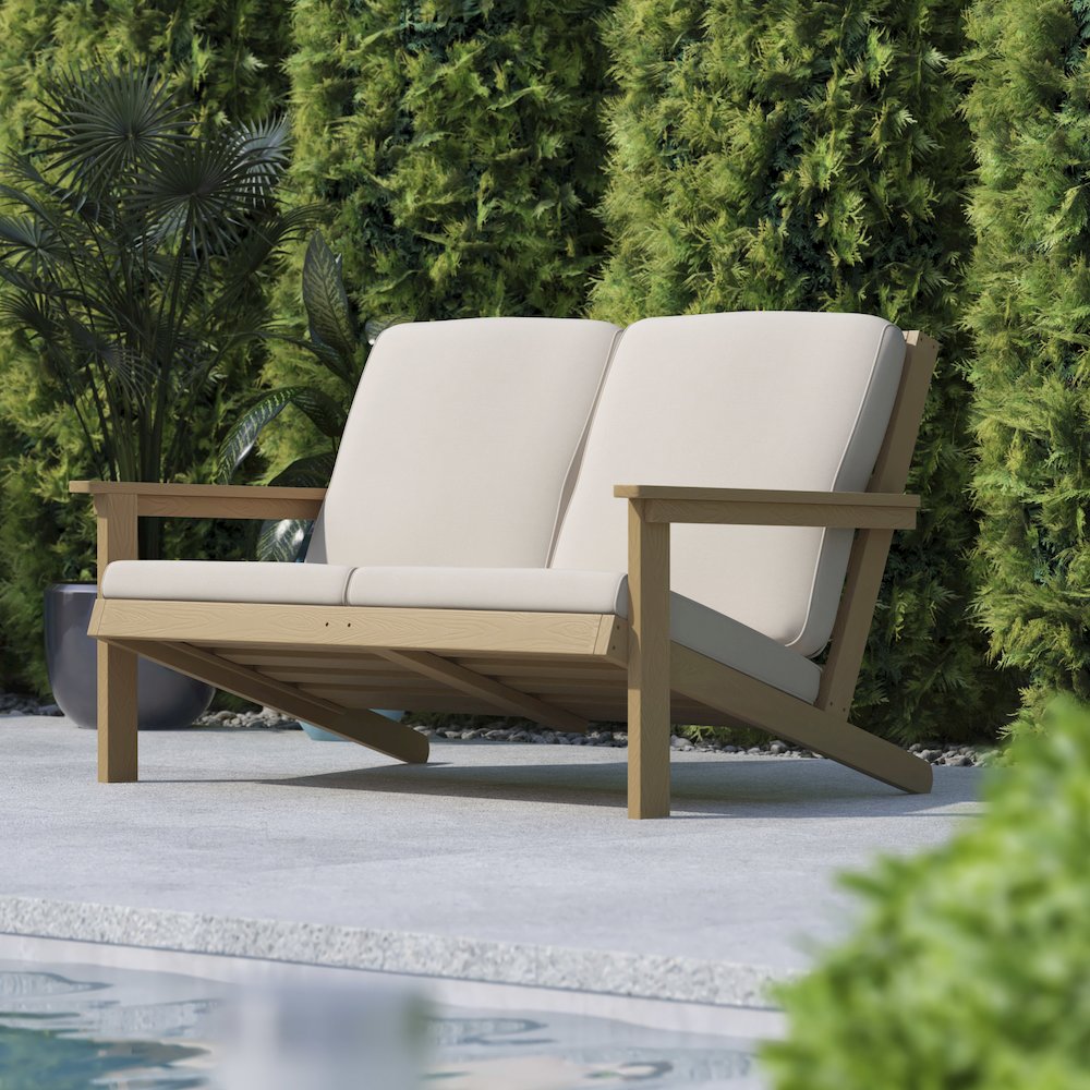 Adirondack Style Deep Seat Patio Loveseat with Cushions, Natural Cedar/Cream. Picture 2