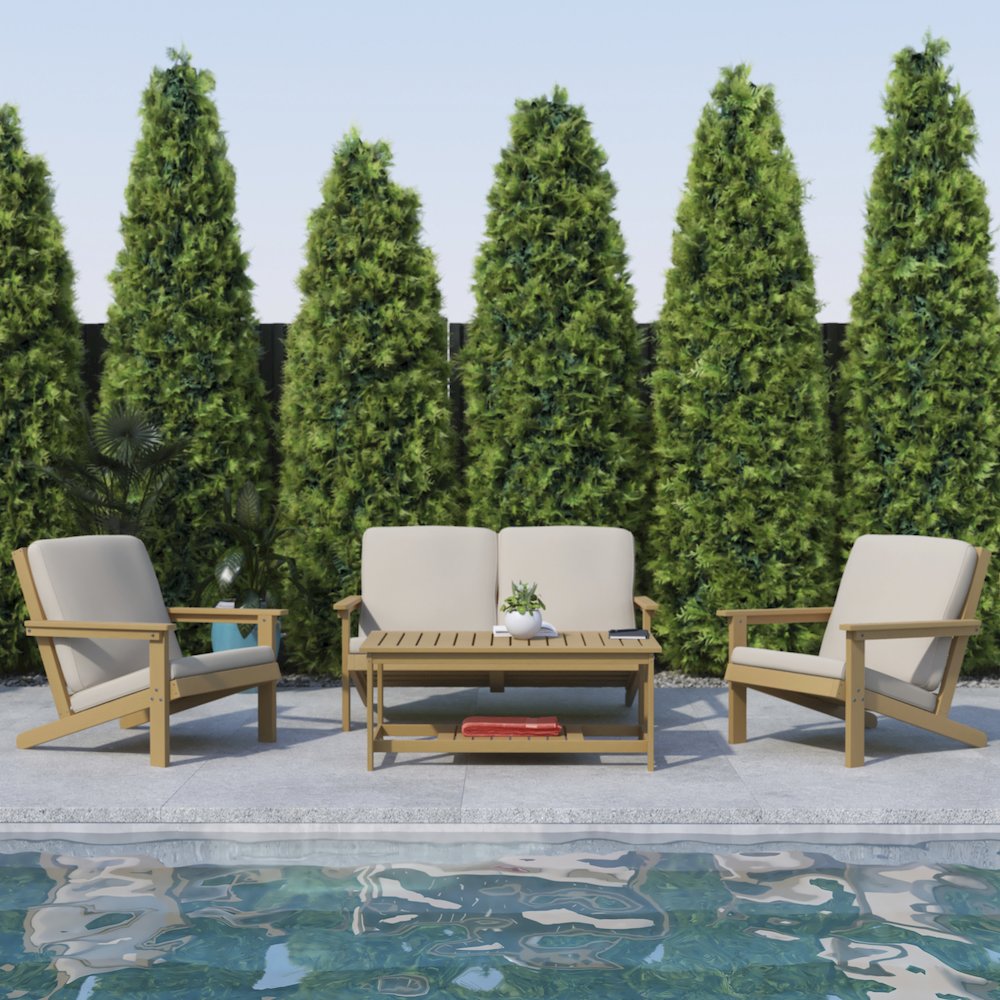 Adirondack Style Deep Seat Patio Loveseat with Cushions, Natural Cedar/Cream. Picture 7