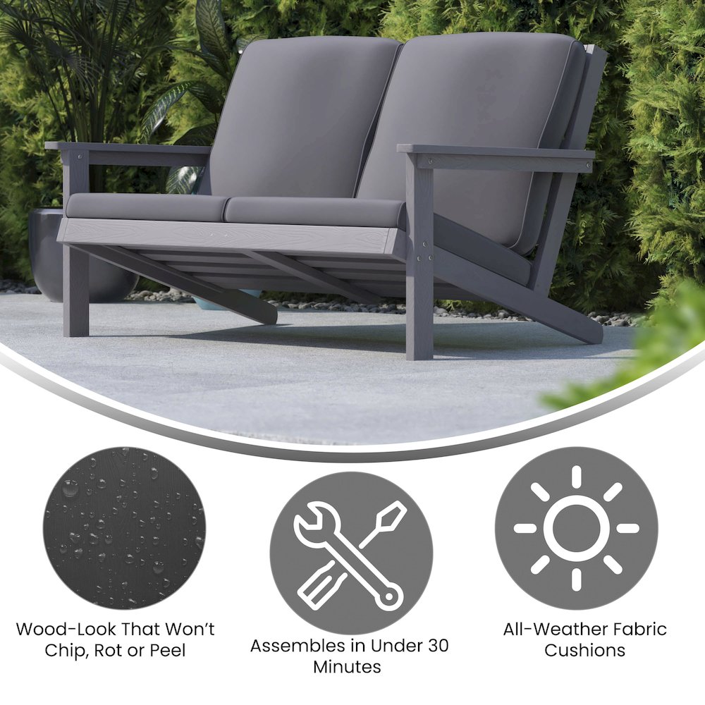 Adirondack Style Deep Seat Patio Loveseat with Cushions, Gray/Gray. Picture 4
