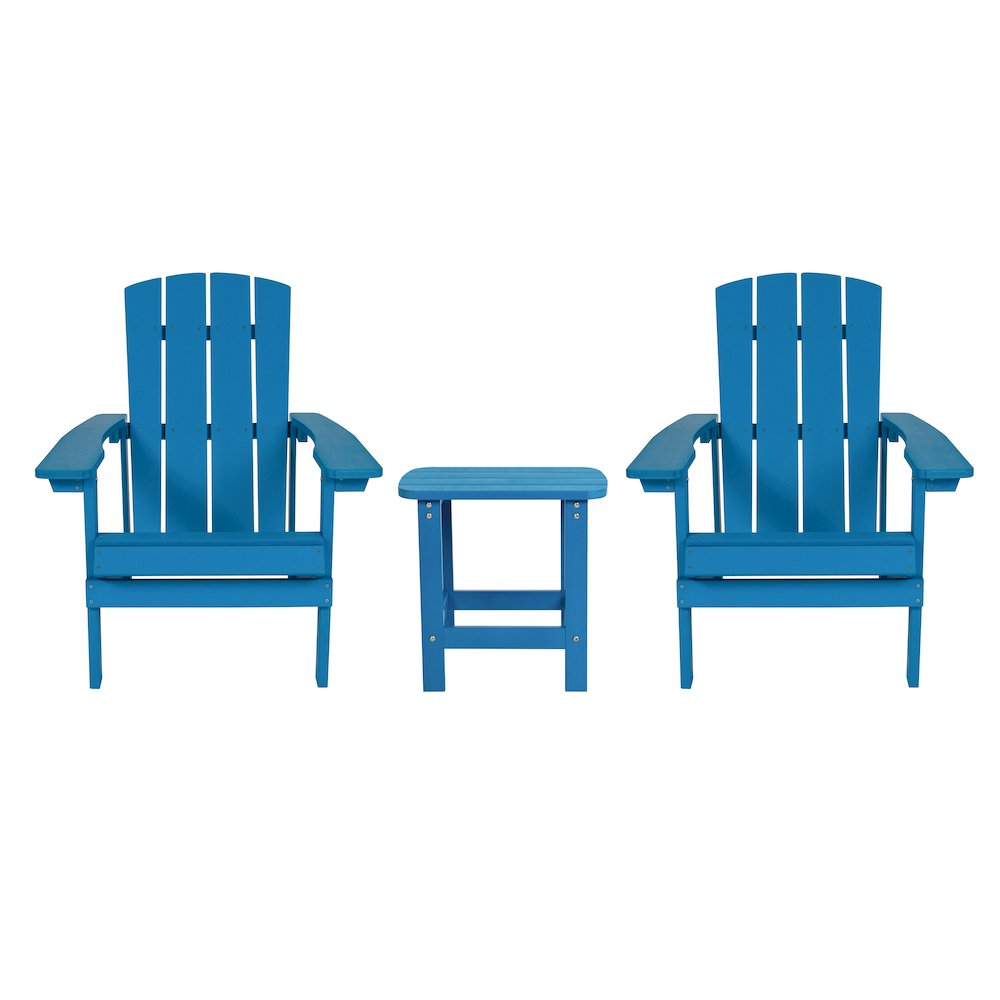 2 Pack All-Weather Poly Resin Wood Adirondack Chairs with Side Table in Blue. Picture 1