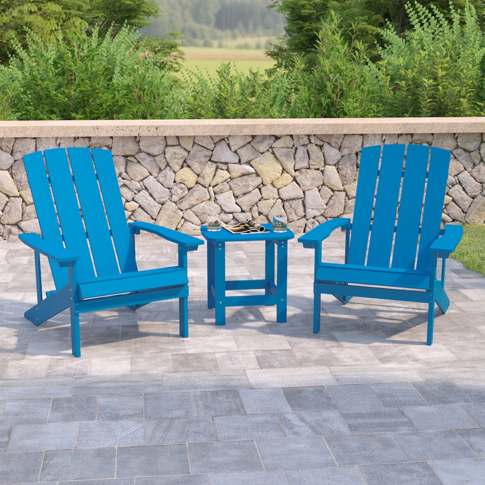 2 Pack All-Weather Poly Resin Wood Adirondack Chairs with Side Table in Blue. Picture 2