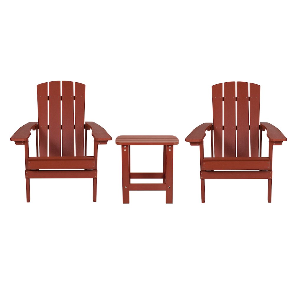 2 Pack All-Weather Poly Resin Wood Adirondack Chairs with Side Table in Red. Picture 1