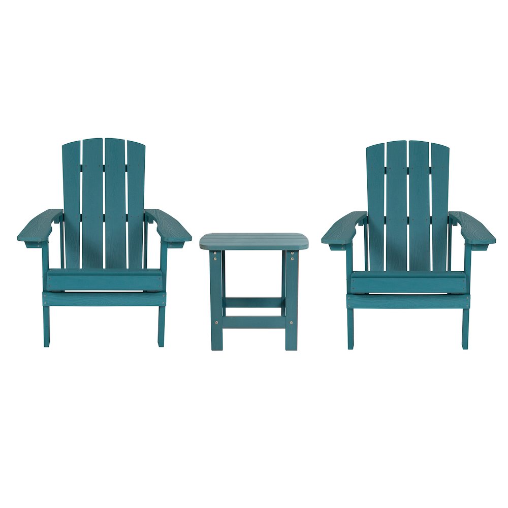 2 Pack All-Weather Poly Resin Wood Adirondack Chairs with Side Table in Sea Foam. Picture 1