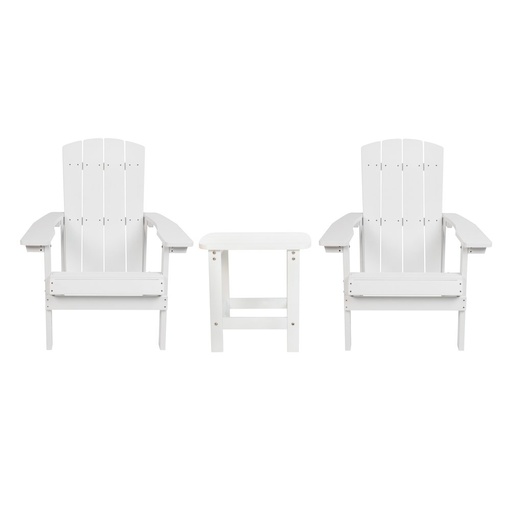 2 Pack All-Weather Poly Resin Wood Adirondack Chairs with Side Table in White. Picture 1