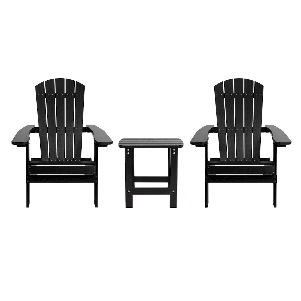 2 Pack All-Weather Poly Resin Folding Adirondack Chairs with Side Table in Black. Picture 1