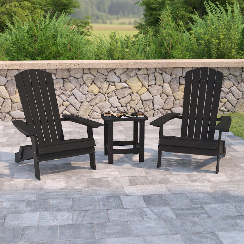 2 Pack All-Weather Poly Resin Folding Adirondack Chairs with Side Table in Black. Picture 2
