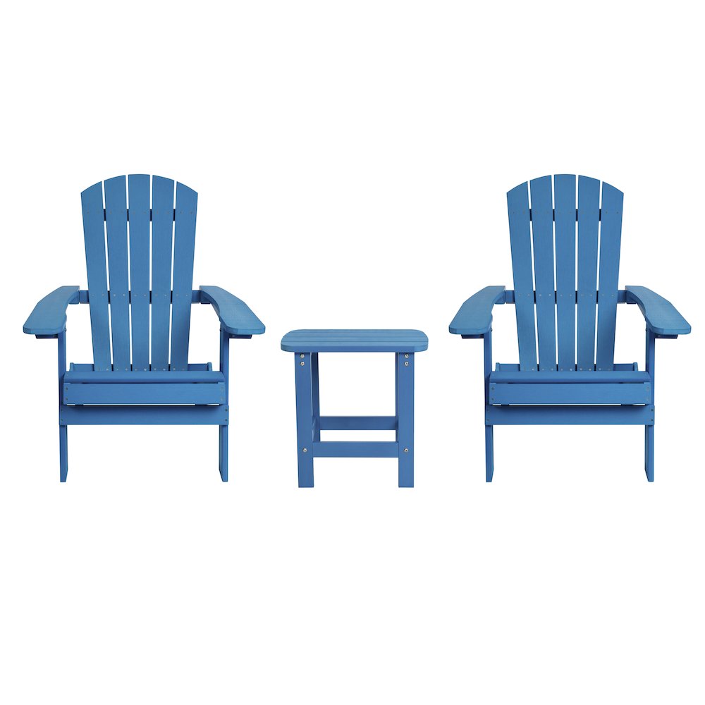 2 Pack All-Weather Poly Resin Folding Adirondack Chairs with Side Table in Blue. Picture 1