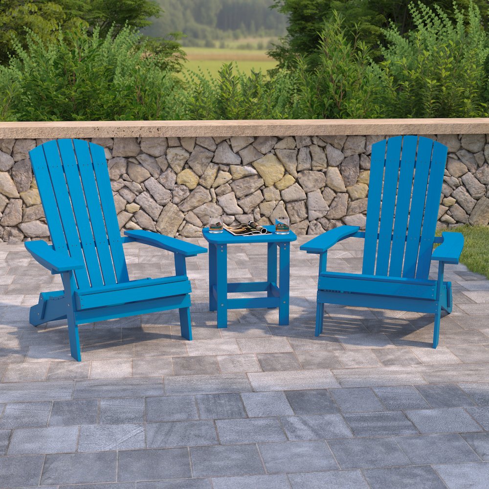 2 Pack All-Weather Poly Resin Folding Adirondack Chairs with Side Table in Blue. Picture 2