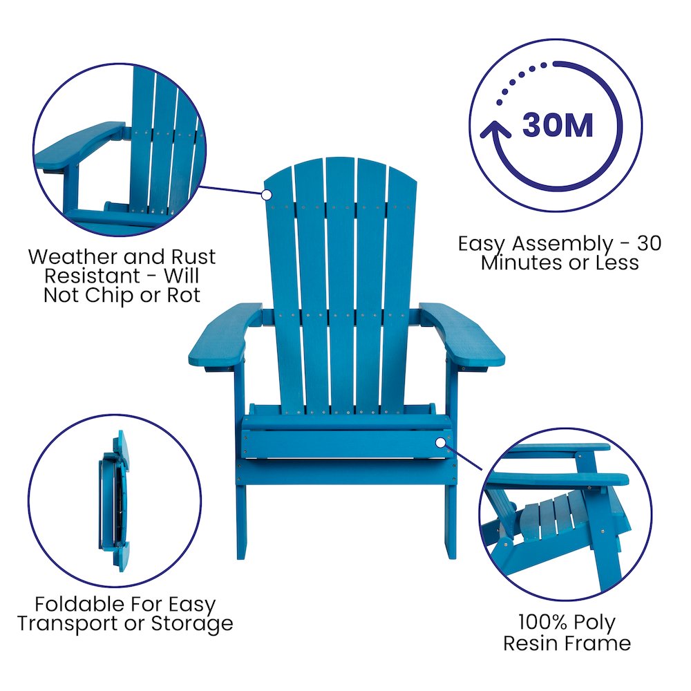 All-Weather Poly Resin Indoor/Outdoor Folding Adirondack Chair in Blue. Picture 4