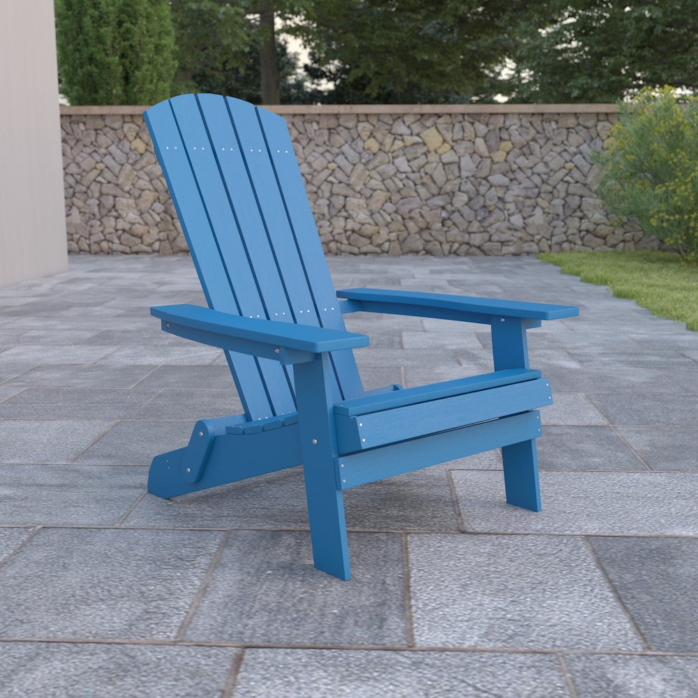 All-Weather Poly Resin Indoor/Outdoor Folding Adirondack Chair in Blue. Picture 2