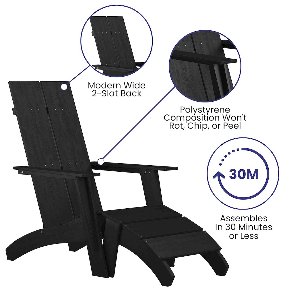 Modern All-Weather Poly Resin Wood Adirondack Chair with Foot Rest in Black. Picture 4