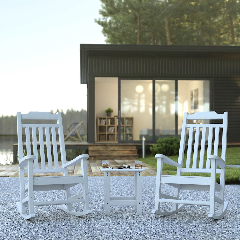 Set of 2 All-Weather Poly Resin Rocking Chairs with Accent Side Table in White. Picture 2