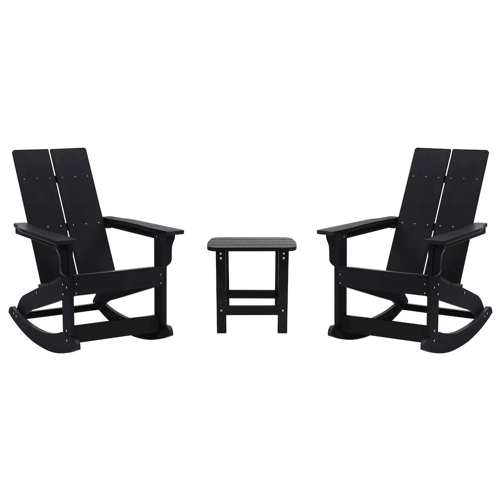 Set of 2 Black 2-Slat Rocking Adirondack Chairs with Matching Side Table. Picture 1