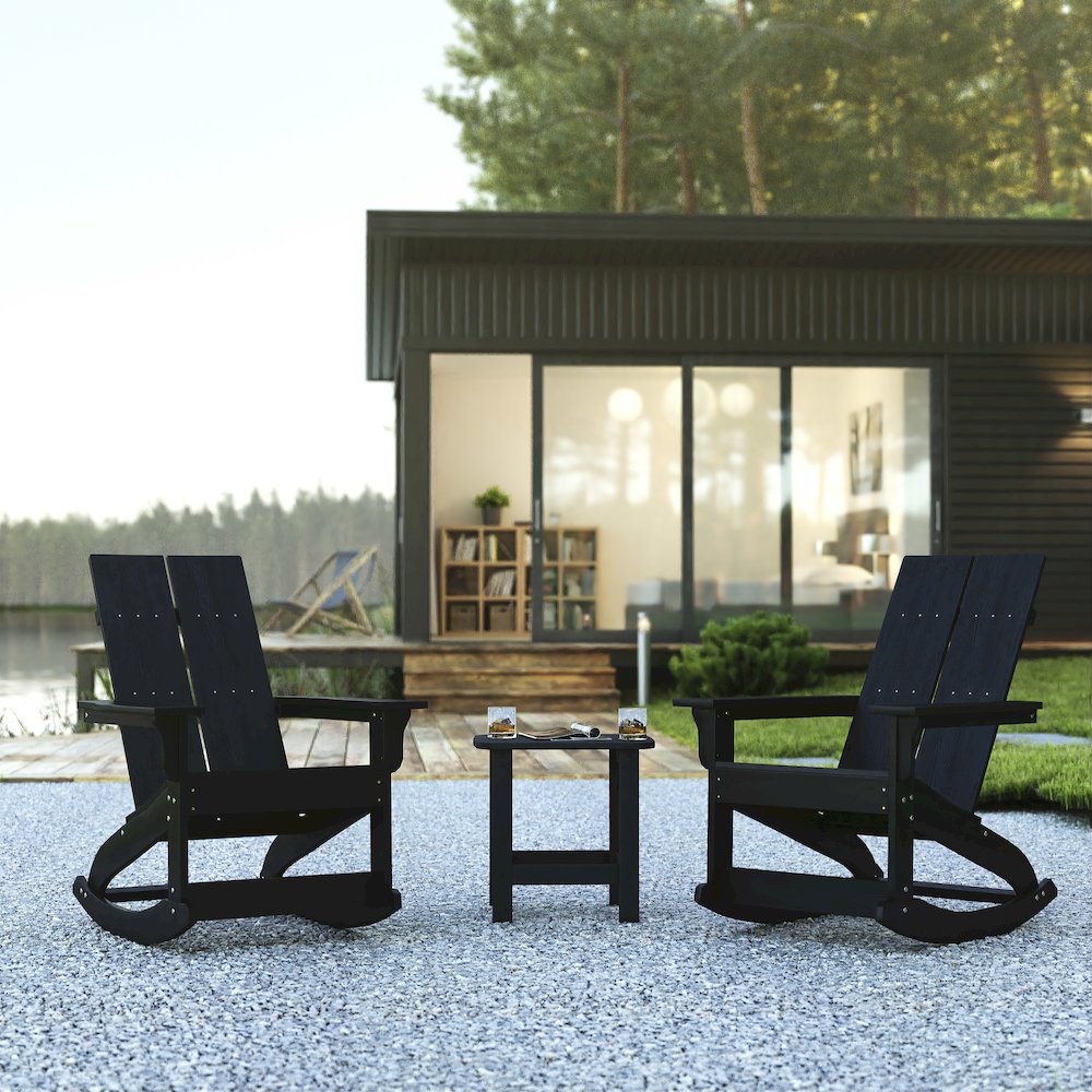 Set of 2 Black 2-Slat Rocking Adirondack Chairs with Matching Side Table. Picture 2