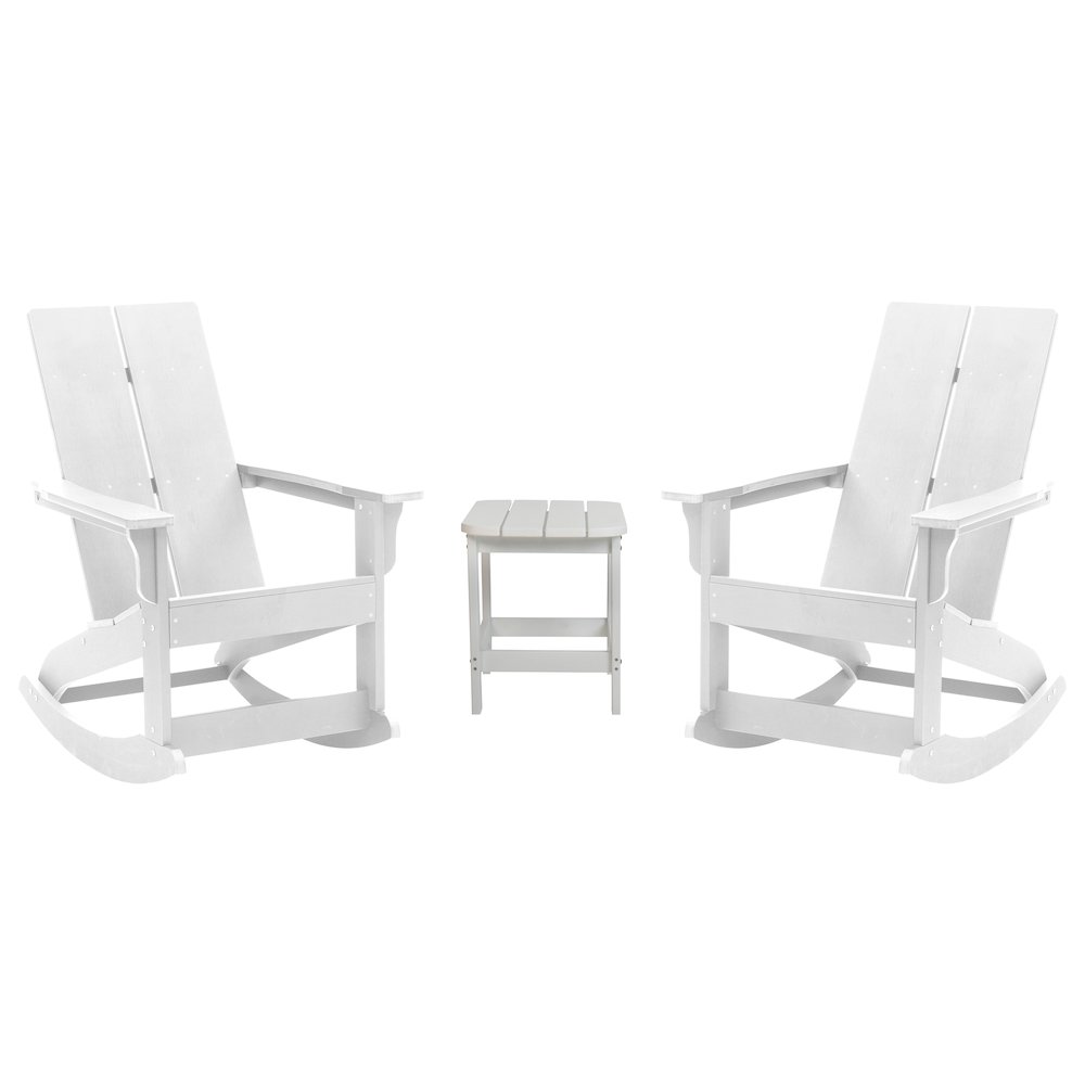 Set of 2 White 2-Slat Rocking Adirondack Chairs with Matching Side Table. Picture 1