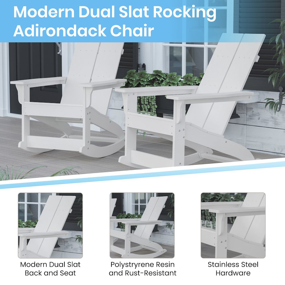 Set of 2 White 2-Slat Rocking Adirondack Chairs with Matching Side Table. Picture 4