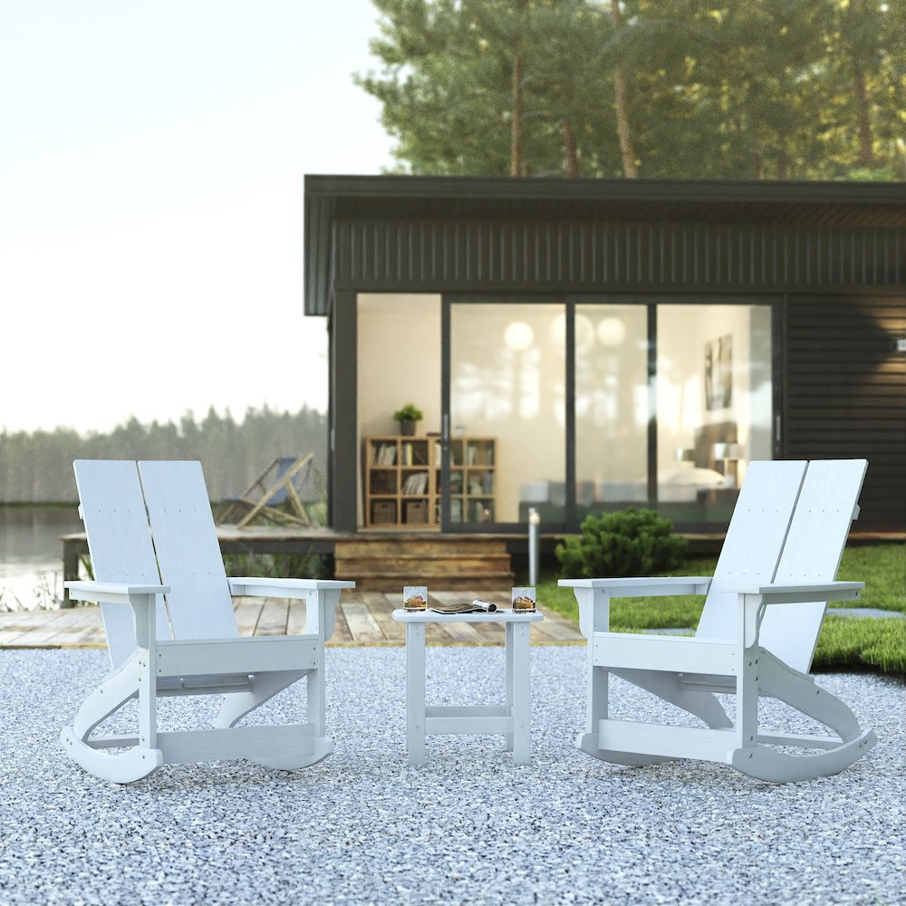 Set of 2 White 2-Slat Rocking Adirondack Chairs with Matching Side Table. Picture 2