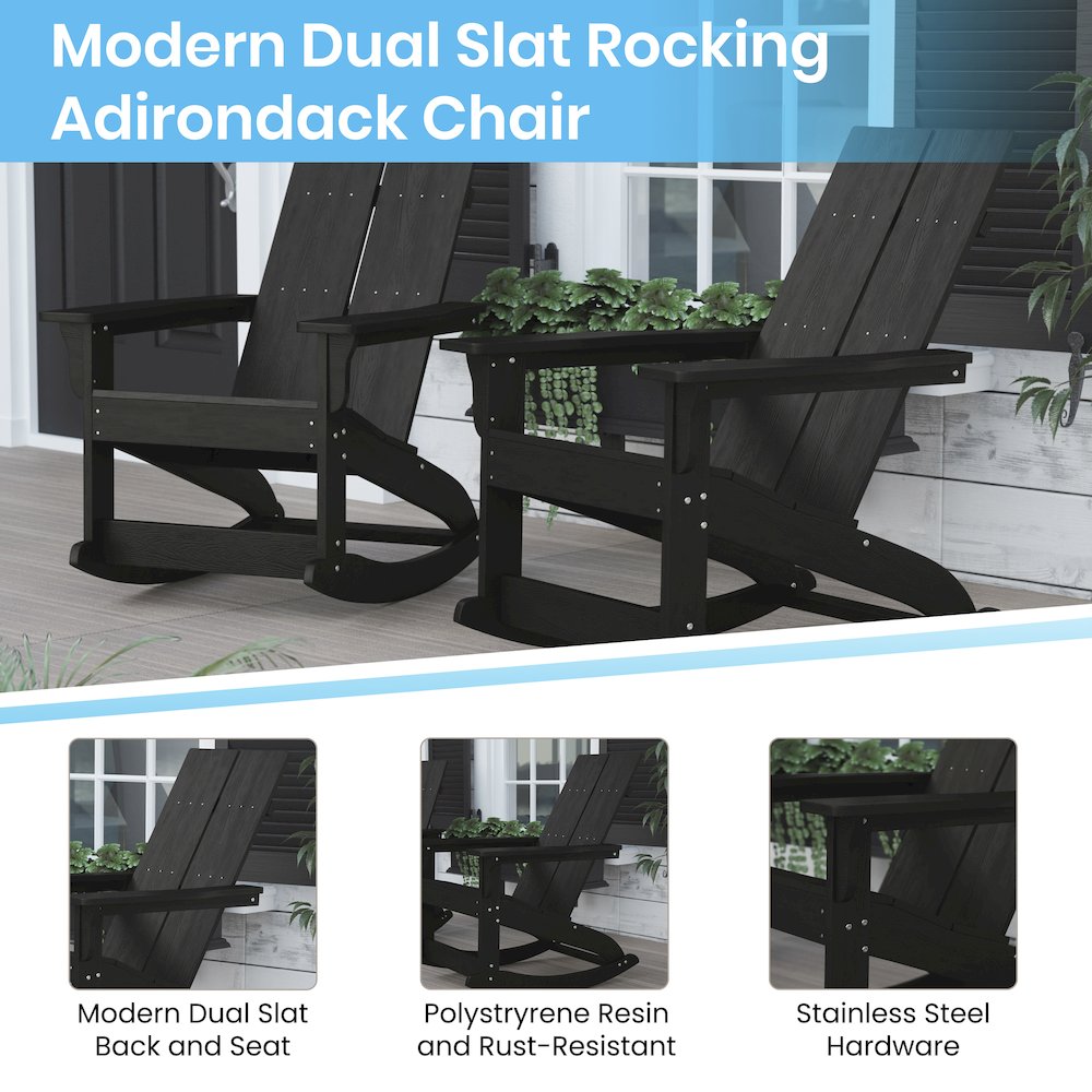 All-Weather 2-Slat Poly Resin Rocking Adirondack Chair in Black - Set of2. Picture 5