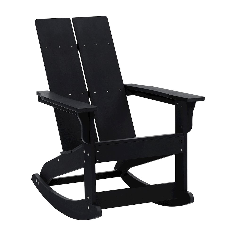 All-Weather 2-Slat Poly Resin Wood Rocking Adirondack Chair in Black. Picture 1