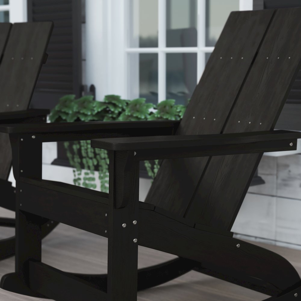 All-Weather 2-Slat Poly Resin Wood Rocking Adirondack Chair in Black. Picture 6