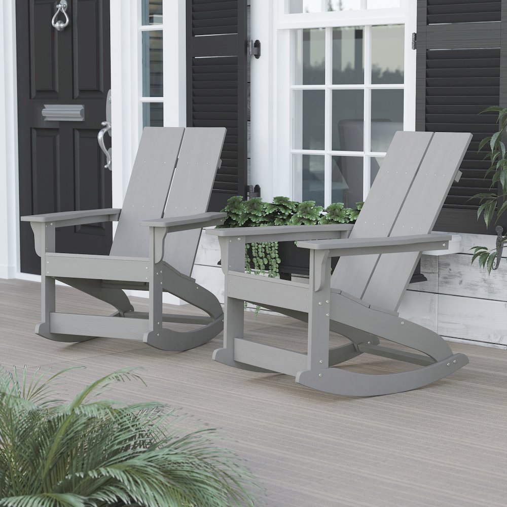 All-Weather 2-Slat Poly Resin Rocking Adirondack Chair in Gray - Set of2. Picture 2