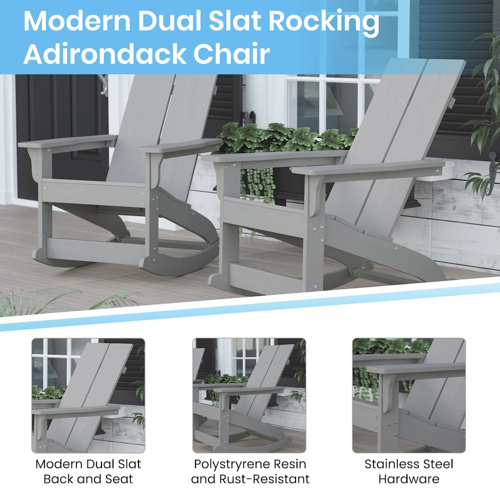 All-Weather 2-Slat Poly Resin Wood Rocking Adirondack Chair in Gray. Picture 4
