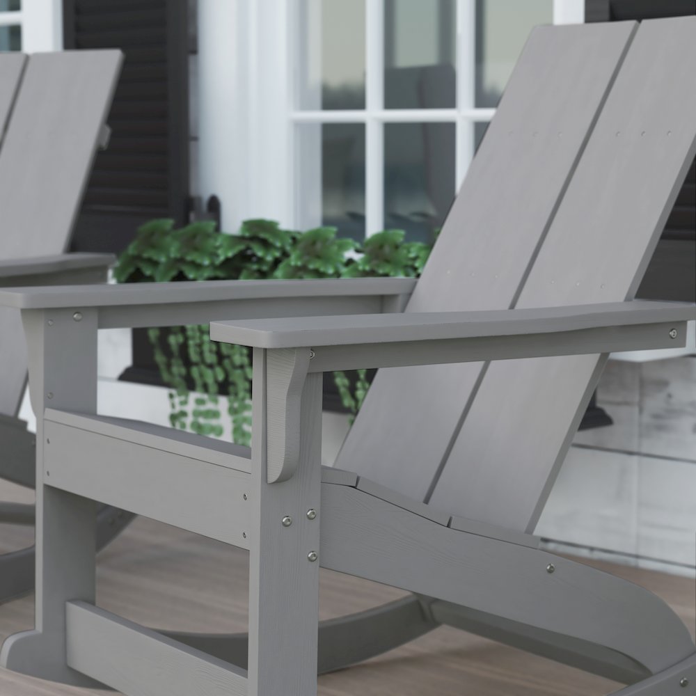All-Weather 2-Slat Poly Resin Wood Rocking Adirondack Chair in Gray. Picture 6