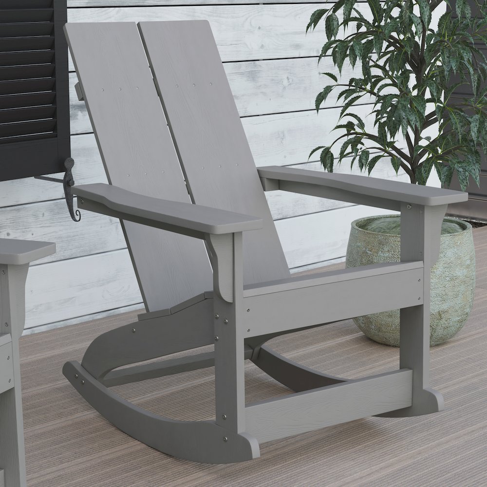 All-Weather 2-Slat Poly Resin Wood Rocking Adirondack Chair in Gray. Picture 7