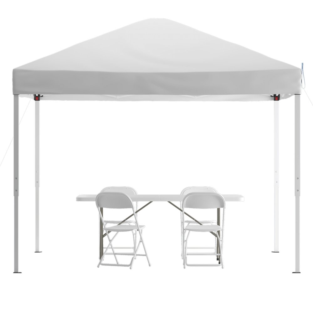 Tent Set - 10'x10' White Canopy Tent, 6-Foot Table Set of 4 White Folding Chairs. Picture 1