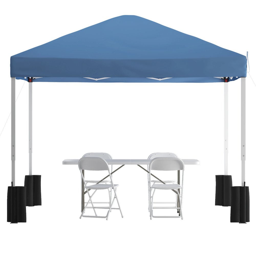 Tent Set-10'x10' Wheeled Blue Canopy Tent, 6-Foot Table, 4 White Folding Chairs. Picture 1